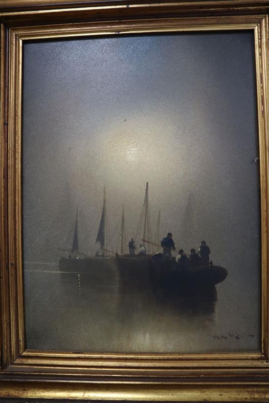 Joachim van Hier, oil on board, Fishing boats under moonlight, signed, 30 x 22cm